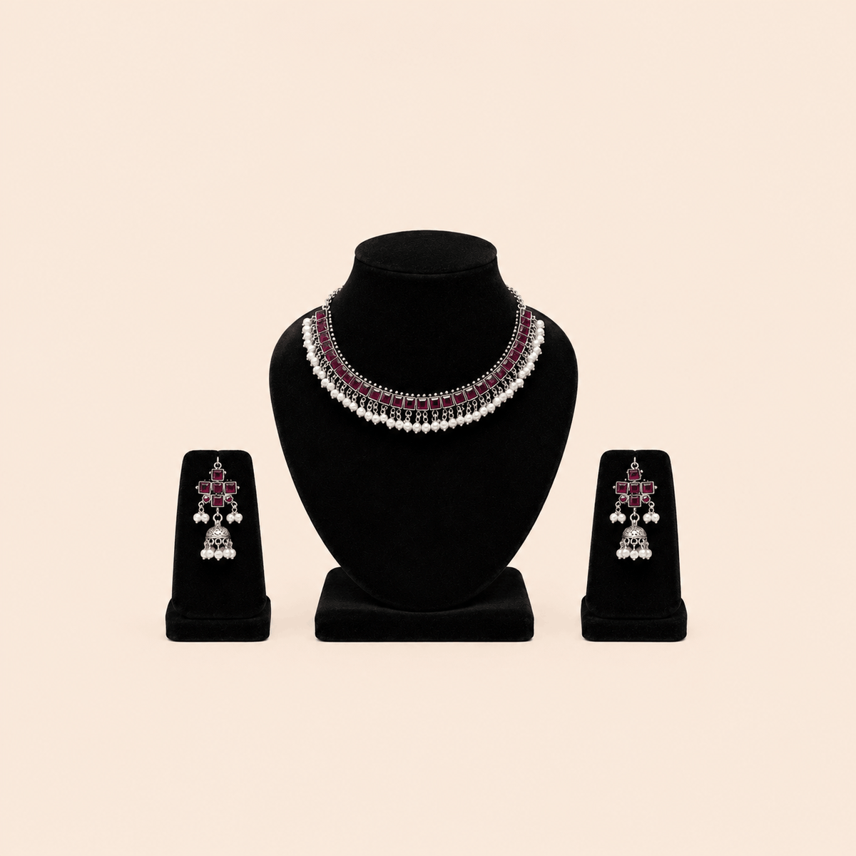 Regal Square-Stone Pearl Choker & Jhumka Earring Set – Assorted Colours – 0053M