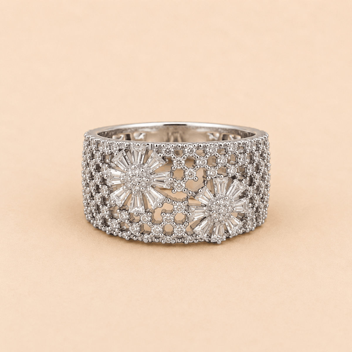 Floral Crystal Wide Band Statement Ring – SKU 0052M