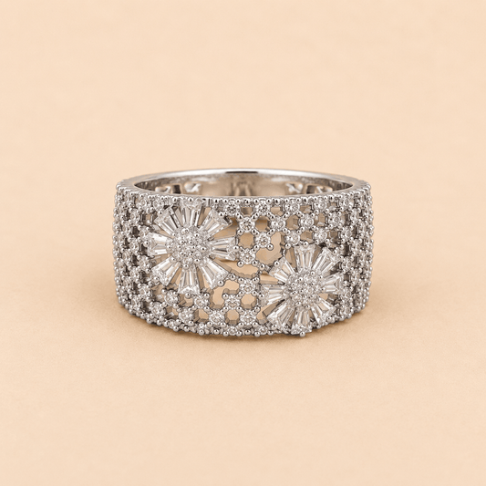 Floral Crystal Wide Band Statement Ring – SKU 0052M