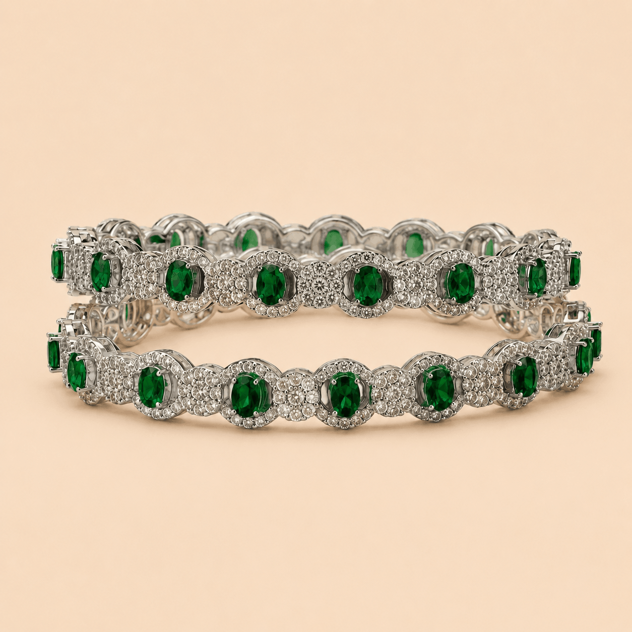 Luxury Emerald Green Crystal Tennis bangle Set with Silver-Tone Pavé Detailing – Elegant Bridal & Party Jewelry 0001M