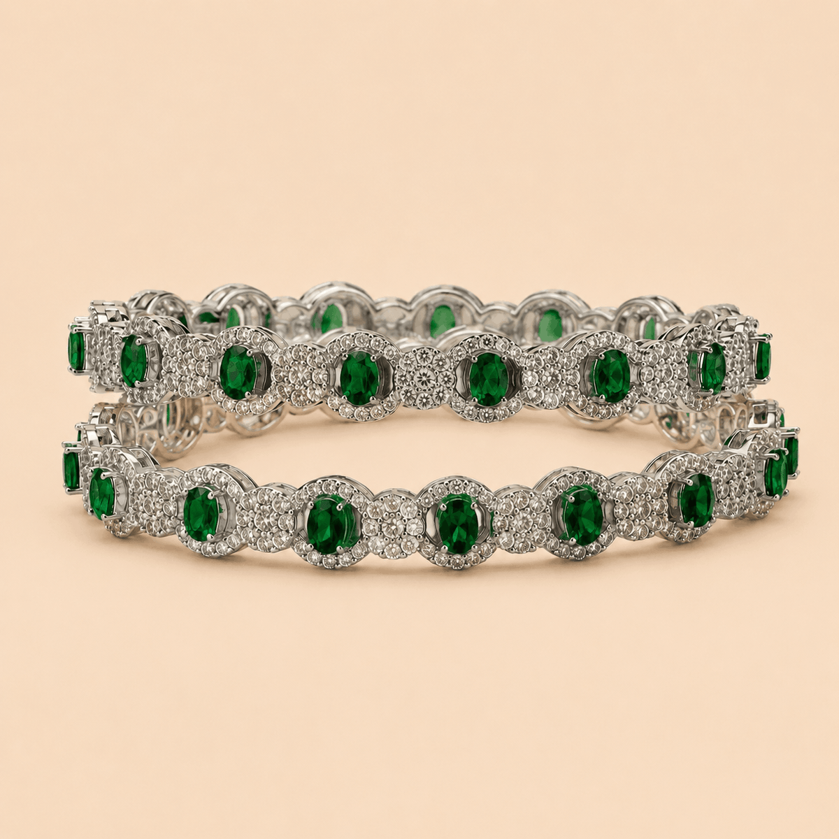 Luxury Emerald Green Crystal Tennis bangle Set with Silver-Tone Pavé Detailing – Elegant Bridal & Party Jewelry 0001M