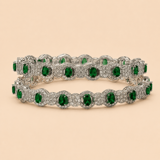 Luxury Emerald Green Crystal Tennis bangle Set with Silver-Tone Pavé Detailing – Elegant Bridal & Party Jewelry 0001M