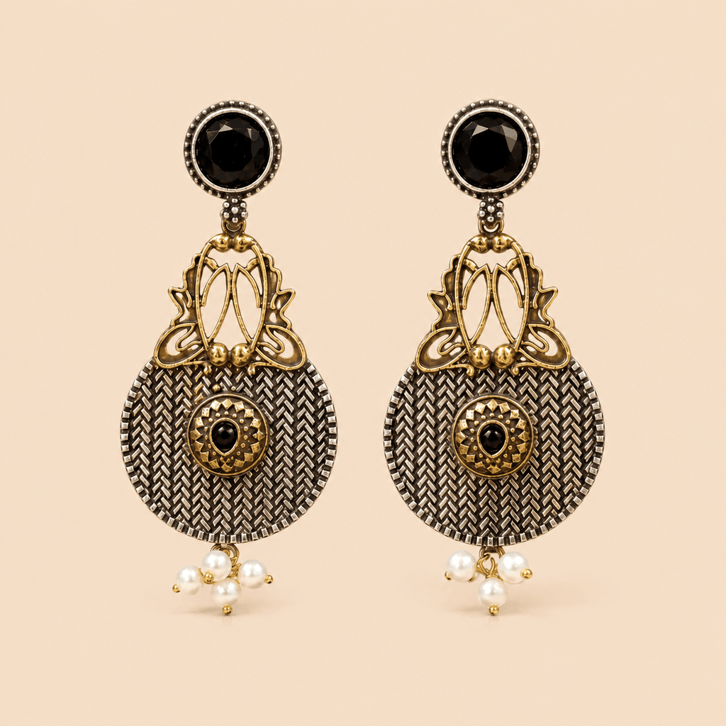 Traditional Dual-Tone Stone & Pearl Drop Earrings – Ethnic Statement Earrings 0037M