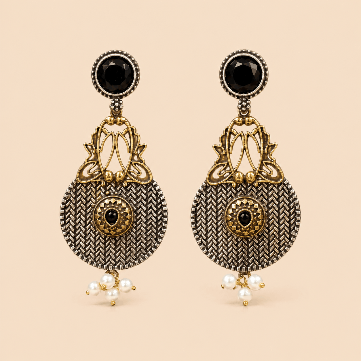 Traditional Dual-Tone Stone & Pearl Drop Earrings – Ethnic Statement Earrings 0037M