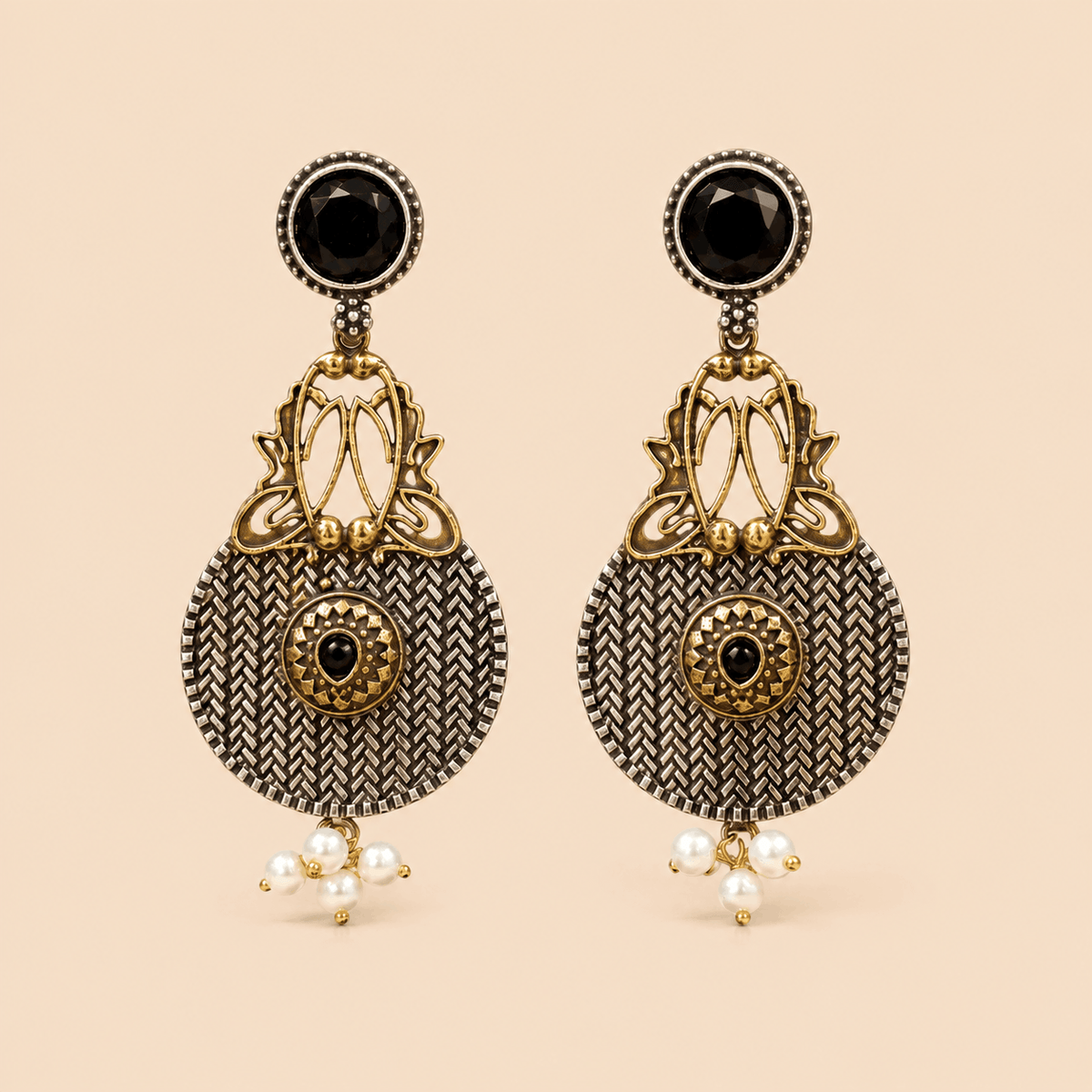 Traditional Dual-Tone Stone & Pearl Drop Earrings – Ethnic Statement Earrings 0037M