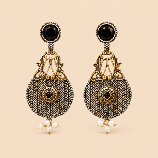 Traditional Dual-Tone Stone & Pearl Drop Earrings – Ethnic Statement Earrings 0037M