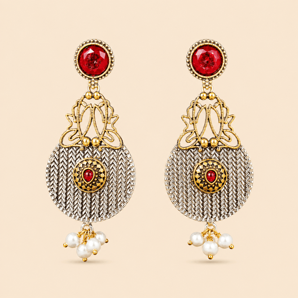 Traditional Dual-Tone Stone & Pearl Drop Earrings – Ethnic Statement Earrings 0037M