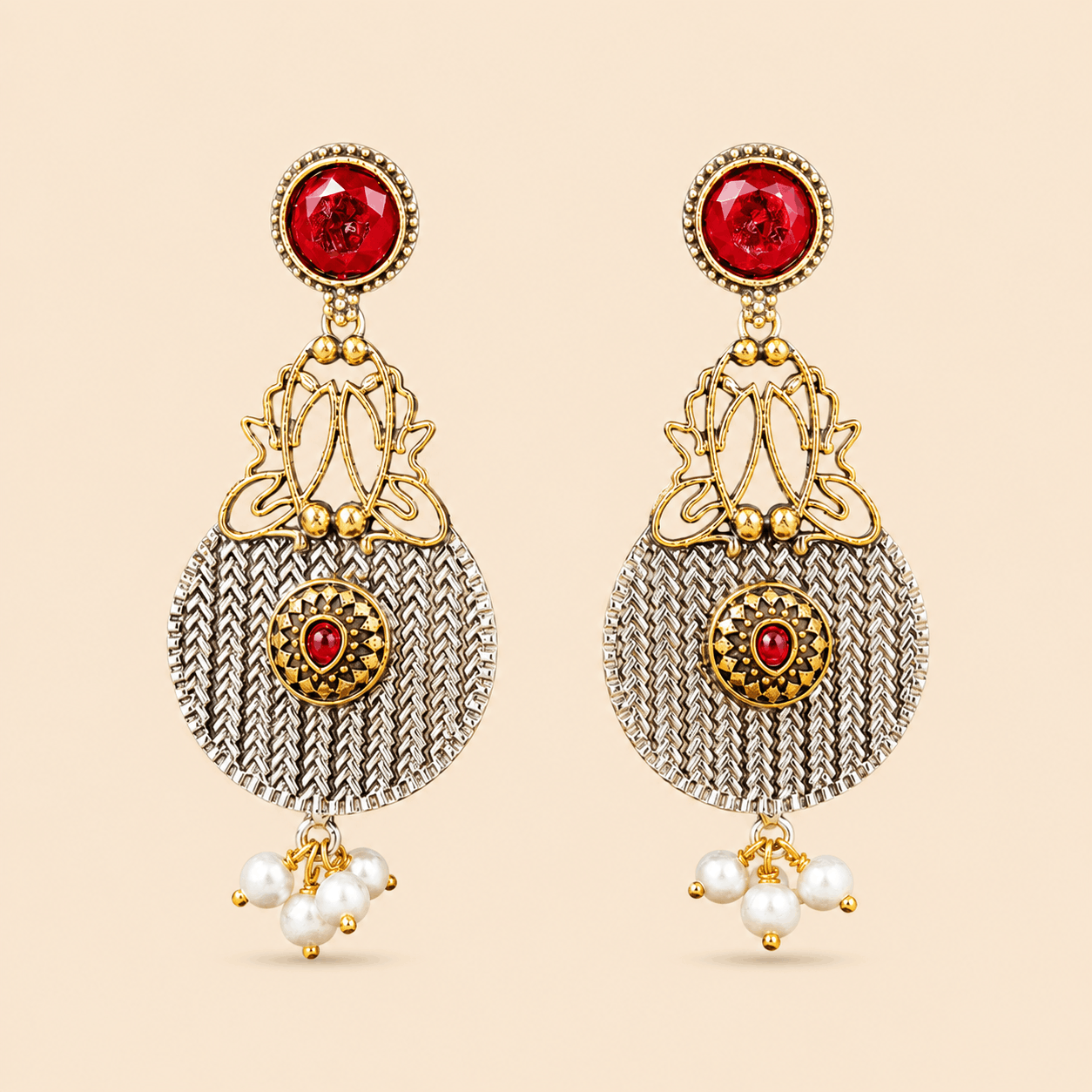 Traditional Dual-Tone Stone & Pearl Drop Earrings – Ethnic Statement Earrings 0037M