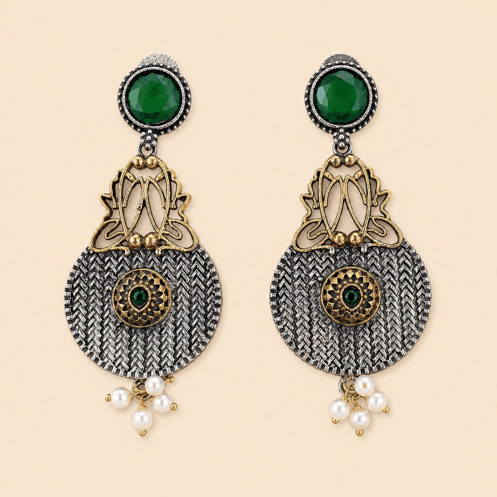 Traditional Dual-Tone Stone & Pearl Drop Earrings – Ethnic Statement Earrings 0037M
