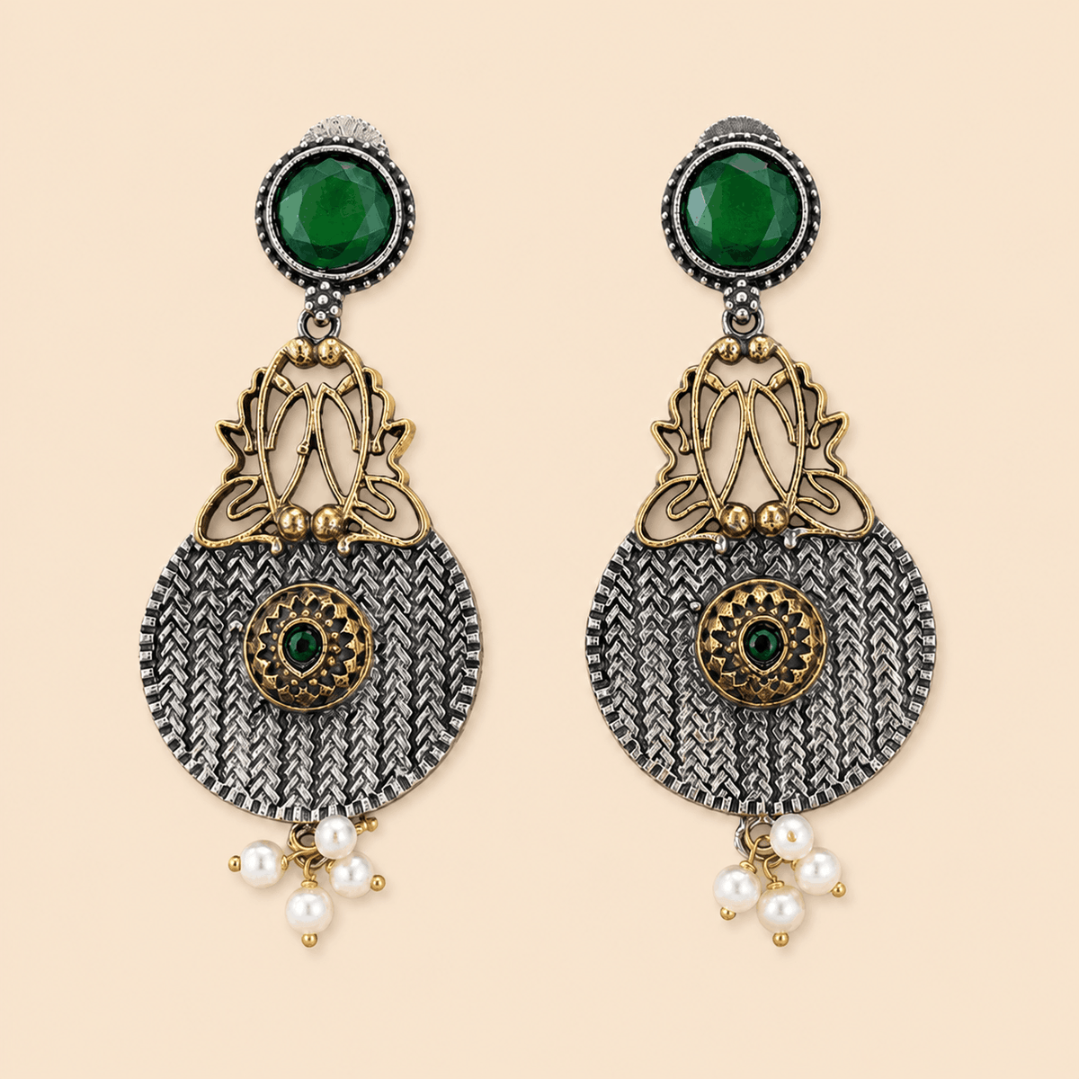 Traditional Dual-Tone Stone & Pearl Drop Earrings – Ethnic Statement Earrings 0037M