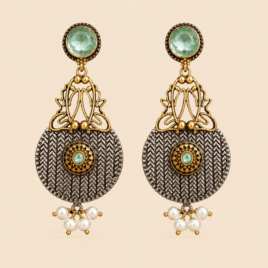 Traditional Dual-Tone Stone & Pearl Drop Earrings – Ethnic Statement Earrings 0037M