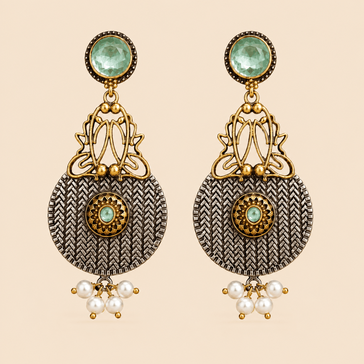 Traditional Dual-Tone Stone & Pearl Drop Earrings – Ethnic Statement Earrings 0037M