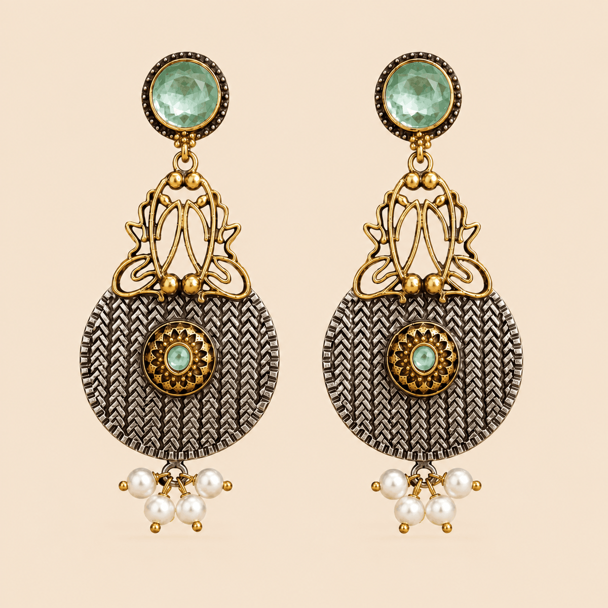 Traditional Dual-Tone Stone & Pearl Drop Earrings – Ethnic Statement Earrings 0037M