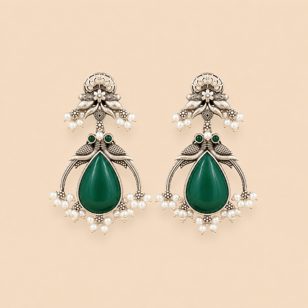 Traditional Teardrop oxidised Stone Pearl Earrings – Antique Silver Statement Earrings 0039M