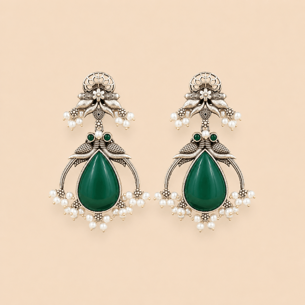Traditional Teardrop oxidised Stone Pearl Earrings – Antique Silver Statement Earrings 0039M