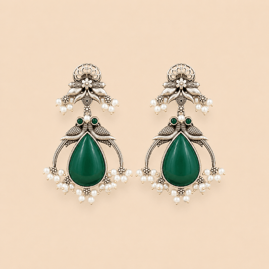 Traditional Teardrop oxidised Stone Pearl Earrings – Antique Silver Statement Earrings 0039M