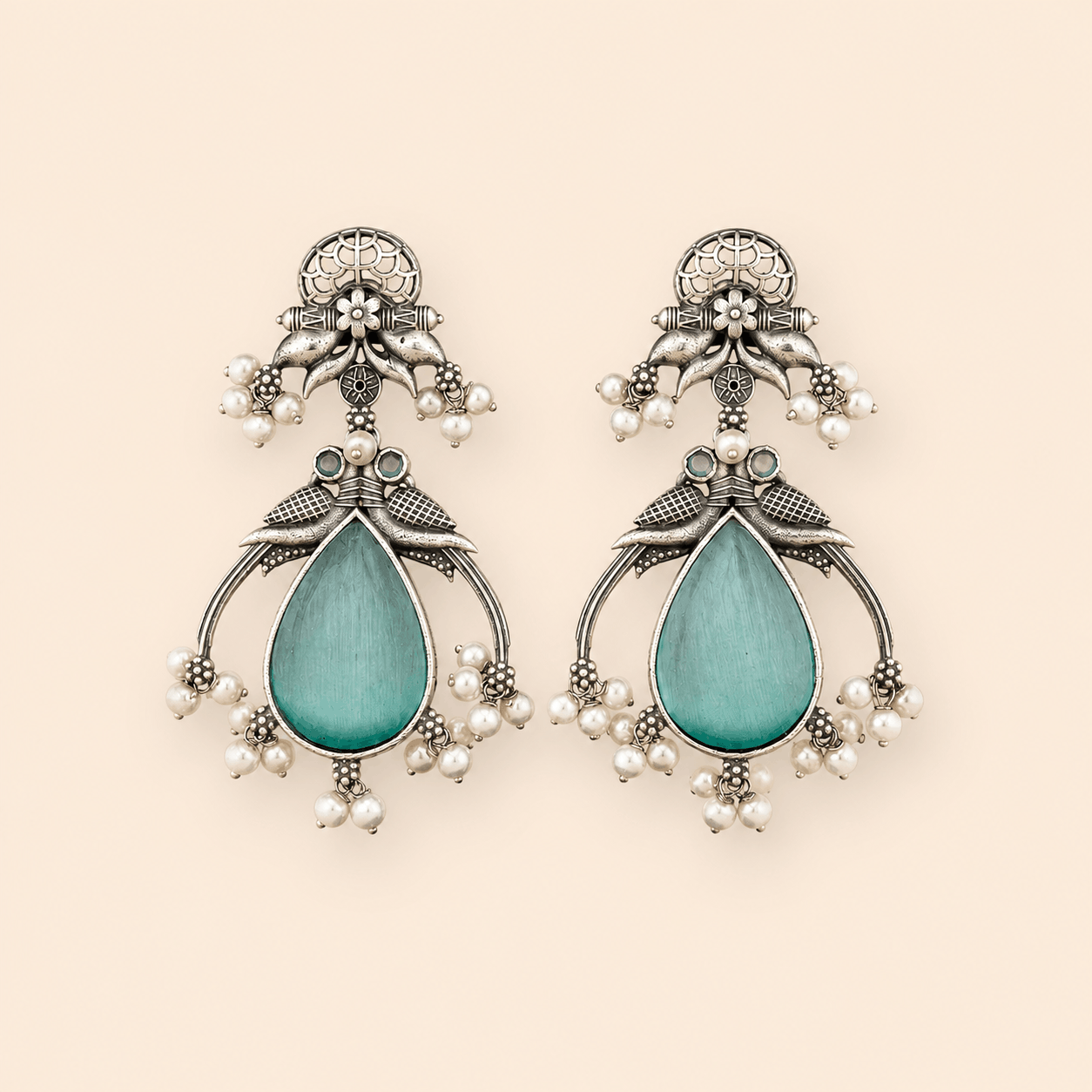 Traditional Teardrop oxidised Stone Pearl Earrings – Antique Silver Statement Earrings 0039M