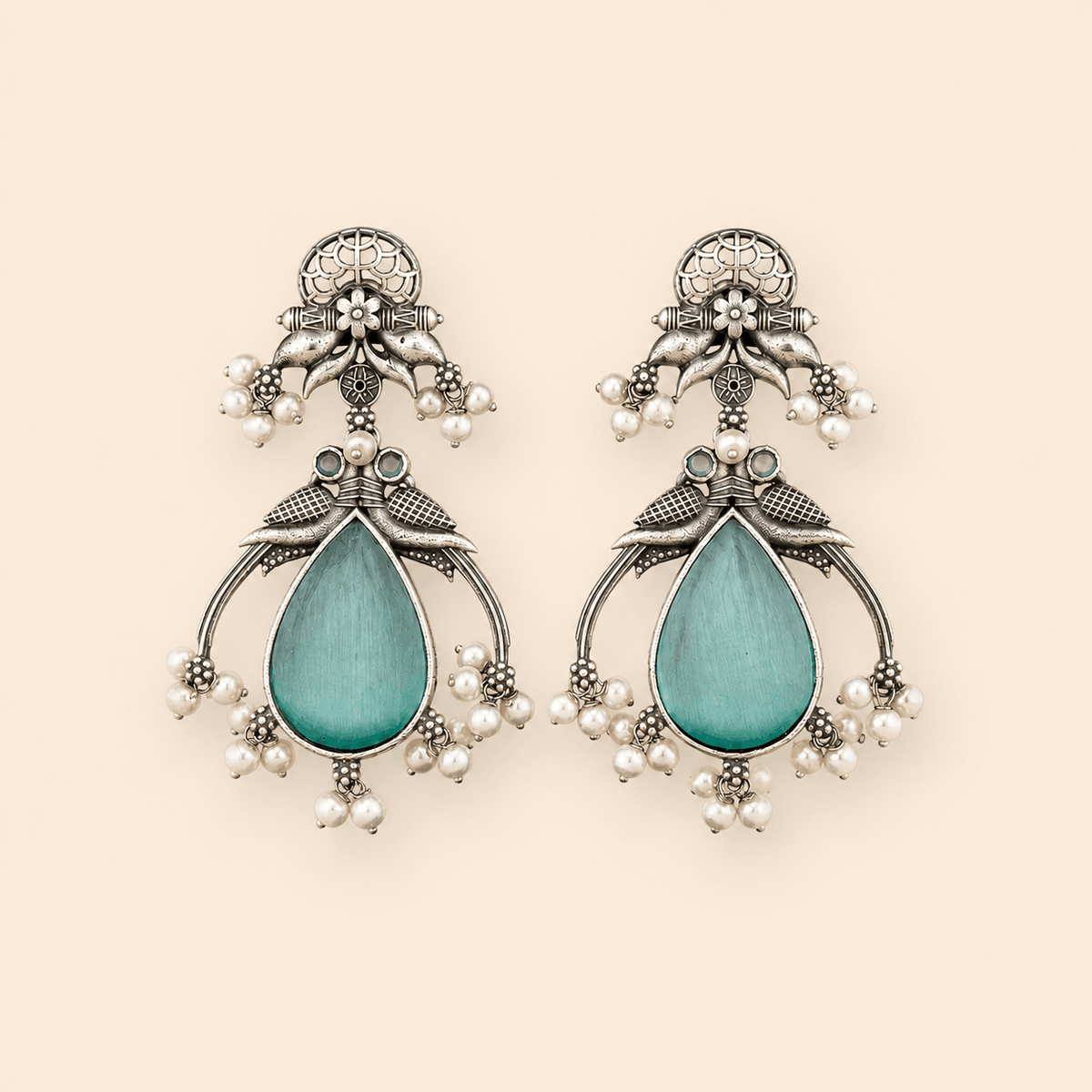 Traditional Teardrop oxidised Stone Pearl Earrings – Antique Silver Statement Earrings 0039M