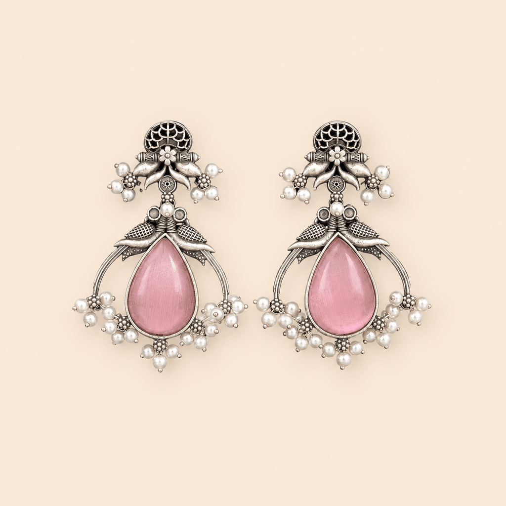 Traditional Teardrop oxidised Stone Pearl Earrings – Antique Silver Statement Earrings 0039M