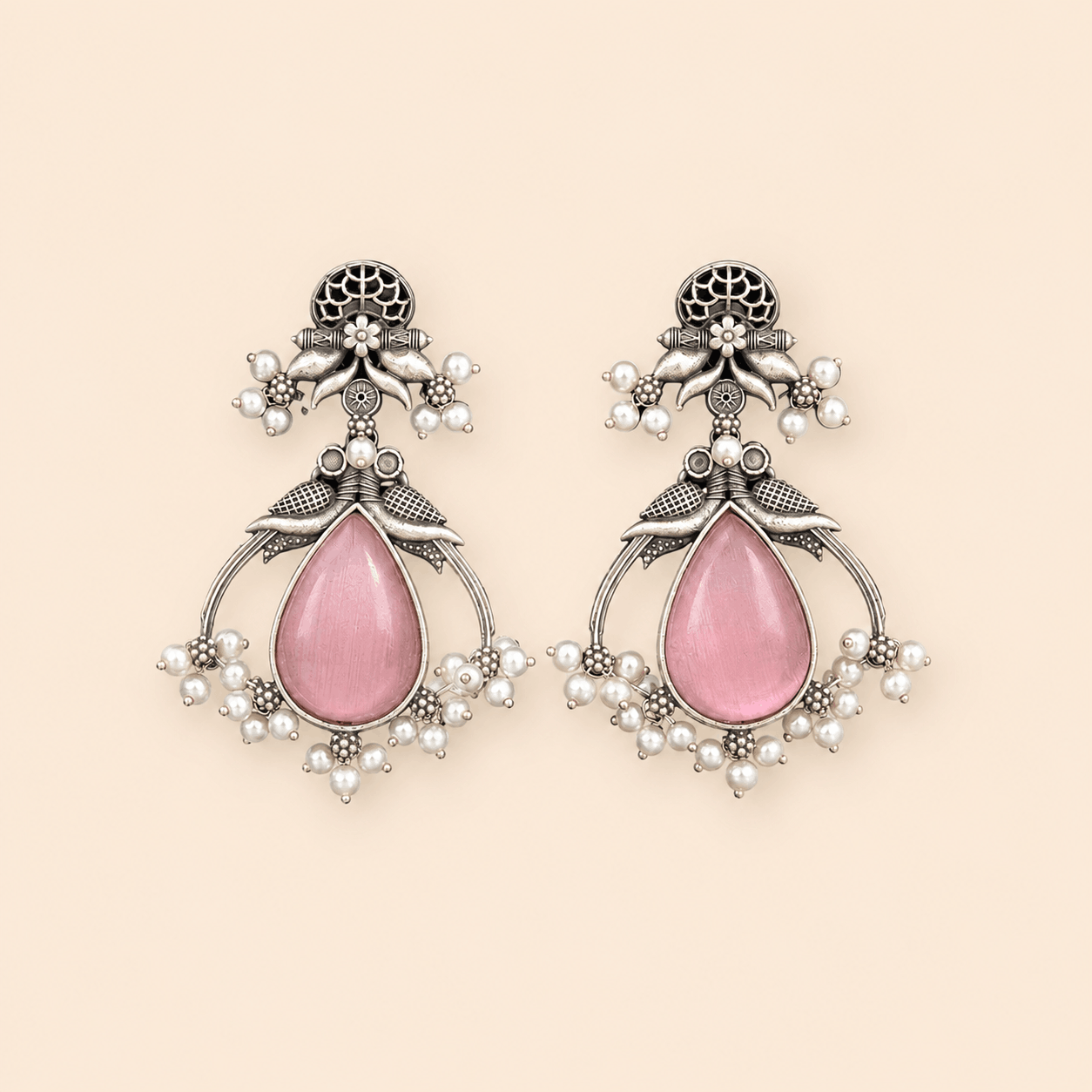 Traditional Teardrop oxidised Stone Pearl Earrings – Antique Silver Statement Earrings 0039M