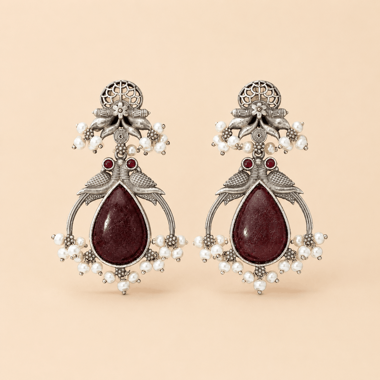 Traditional Teardrop oxidised Stone Pearl Earrings – Antique Silver Statement Earrings 0039M
