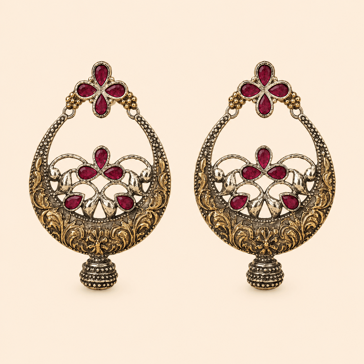 Antique Gold Ruby Red Floral Chandbali Earrings – SKU 0015M