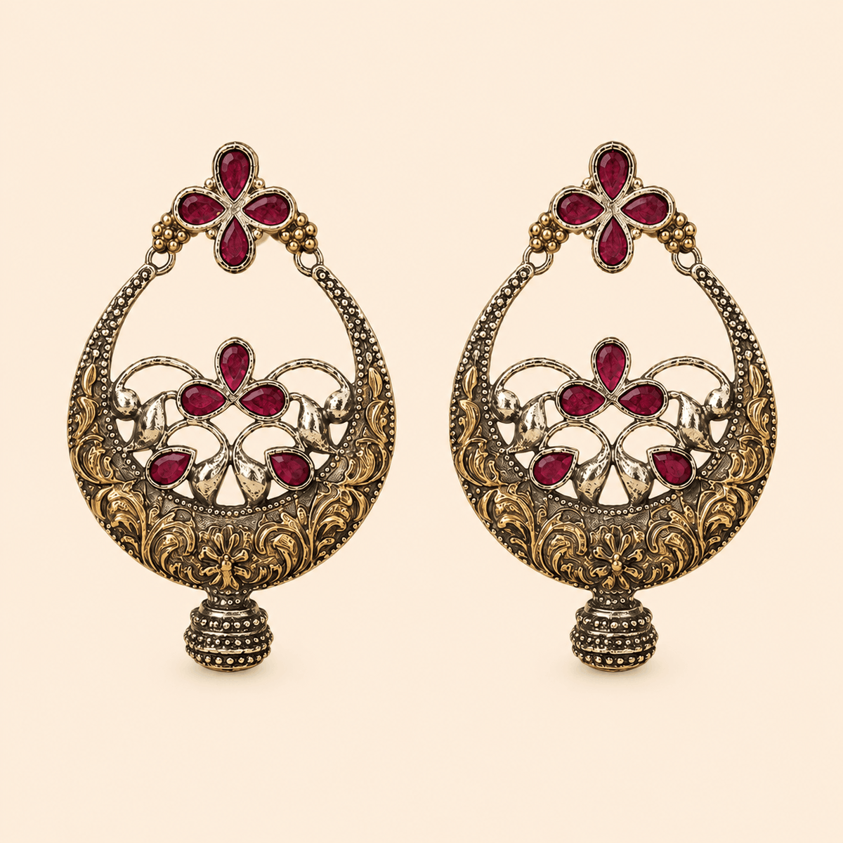 Antique Gold Ruby Red Floral Chandbali Earrings – SKU 0015M