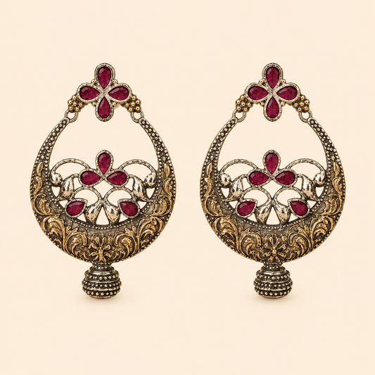 Antique Gold Ruby Red Floral Chandbali Earrings – SKU 0015M