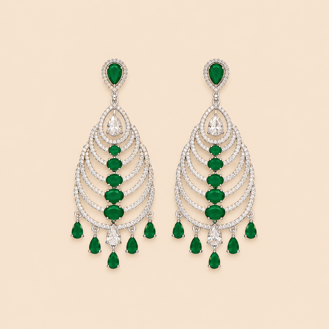 Emerald Green Layered Chandelier Earrings – Silver Tone 0064M