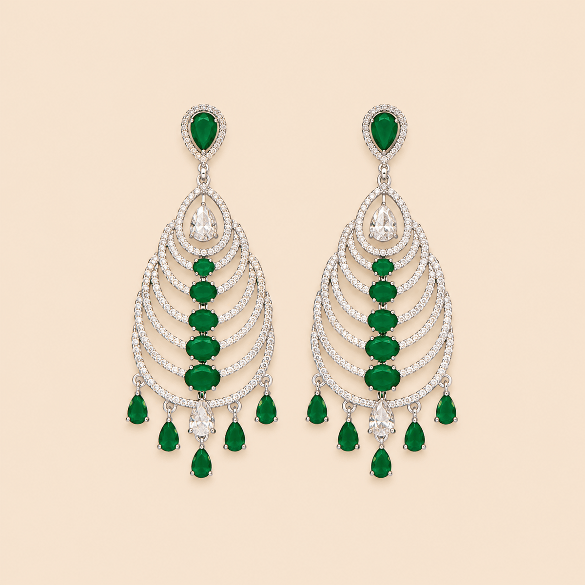 Emerald Green Layered Chandelier Earrings – Silver Tone 0064M