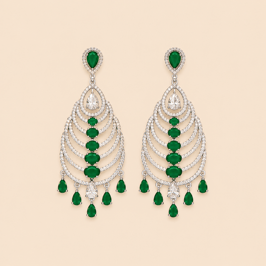 Emerald Green Layered Chandelier Earrings – Silver Tone 0064M