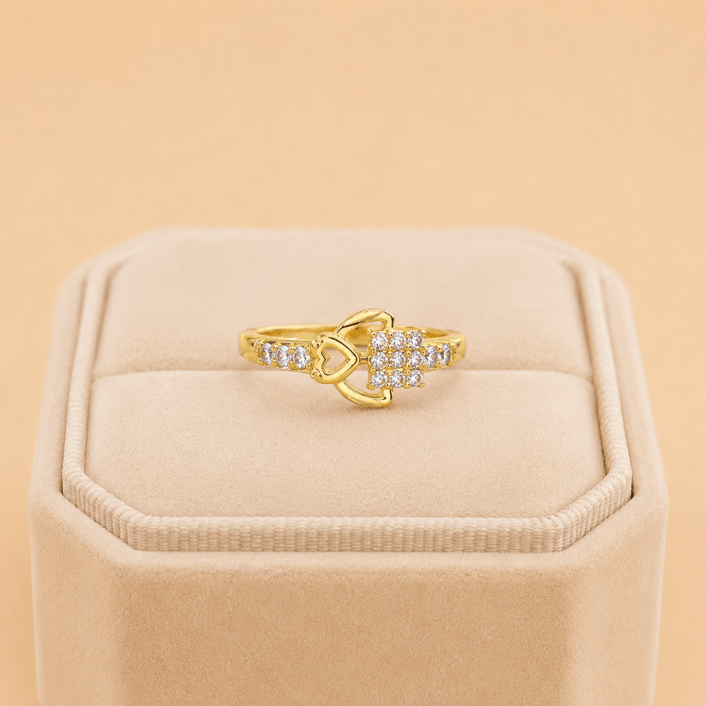 Golden Heart & Square Crystal Statement Ring – M069