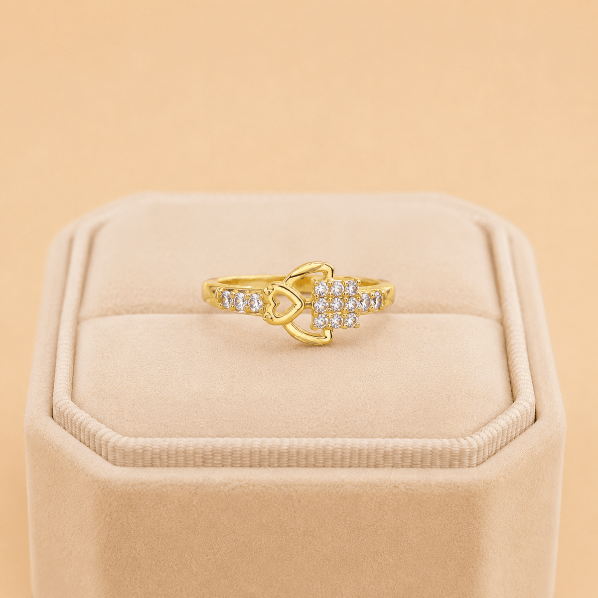 Golden Heart & Square Crystal Statement Ring – M069