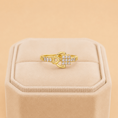 Golden Heart & Square Crystal Statement Ring – M069