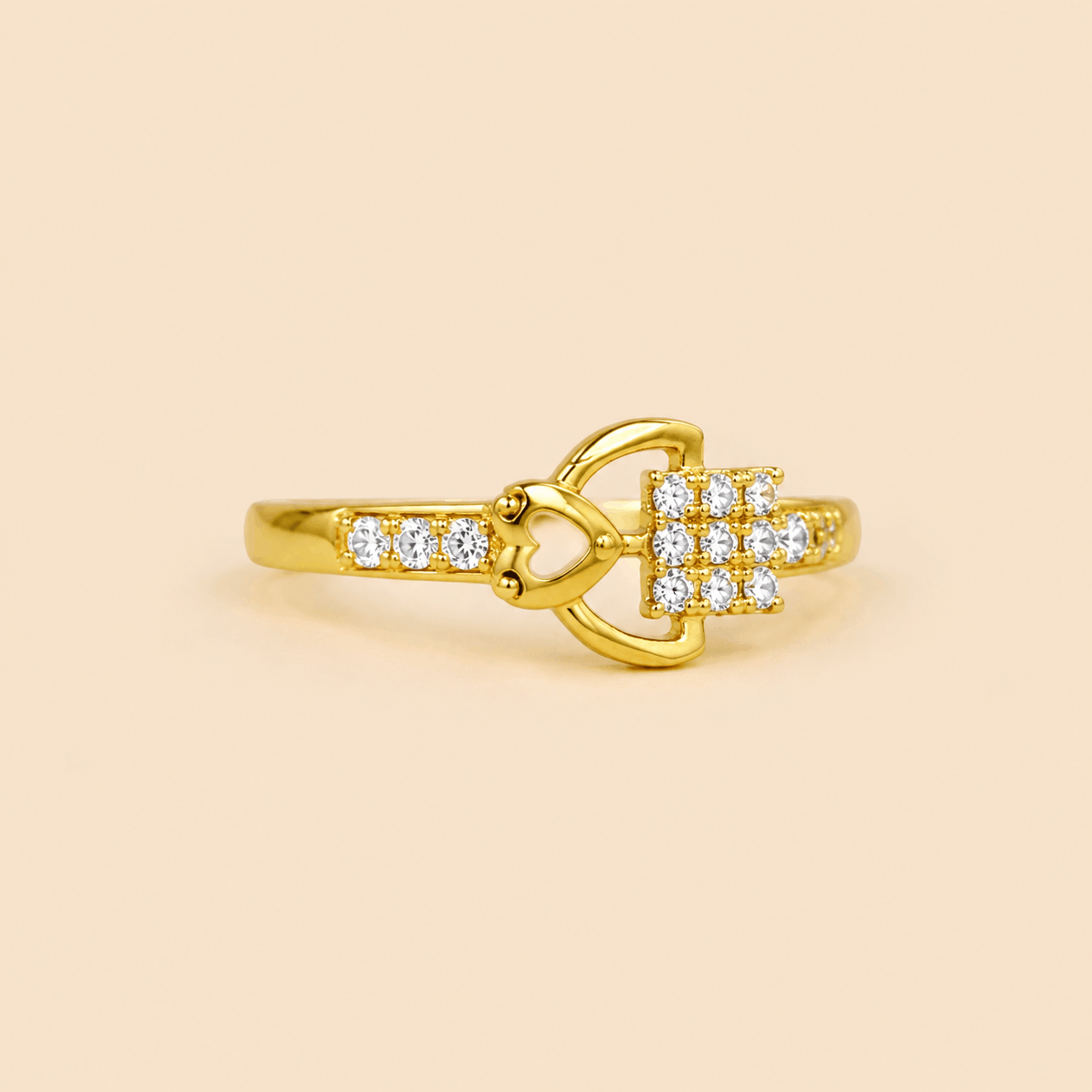 Golden Heart & Square Crystal Statement Ring – M069