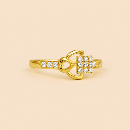 Golden Heart & Square Crystal Statement Ring – M069