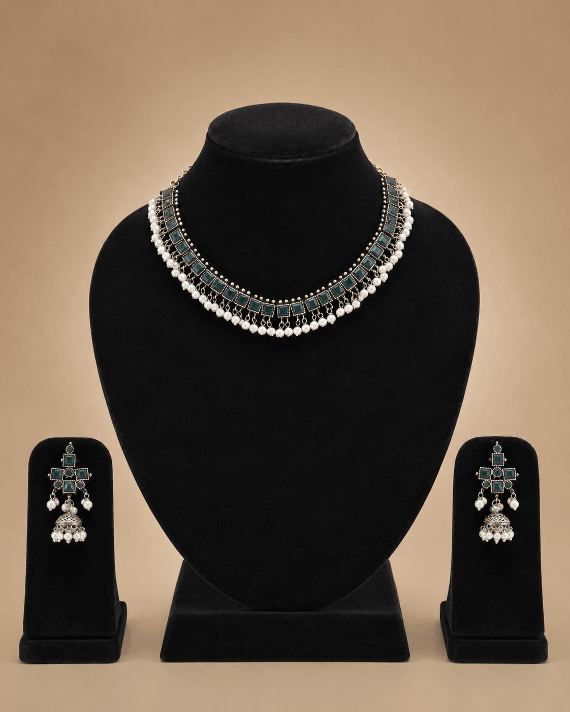 Regal Square-Stone Pearl Choker & Jhumka Earring Set – Assorted Colours – 0053M