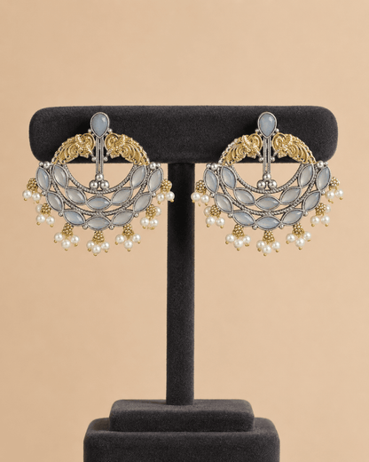 Elegant Grey Stone Pearl Chandbali Earrings – Gold & Silver Traditional Earrings 0021M