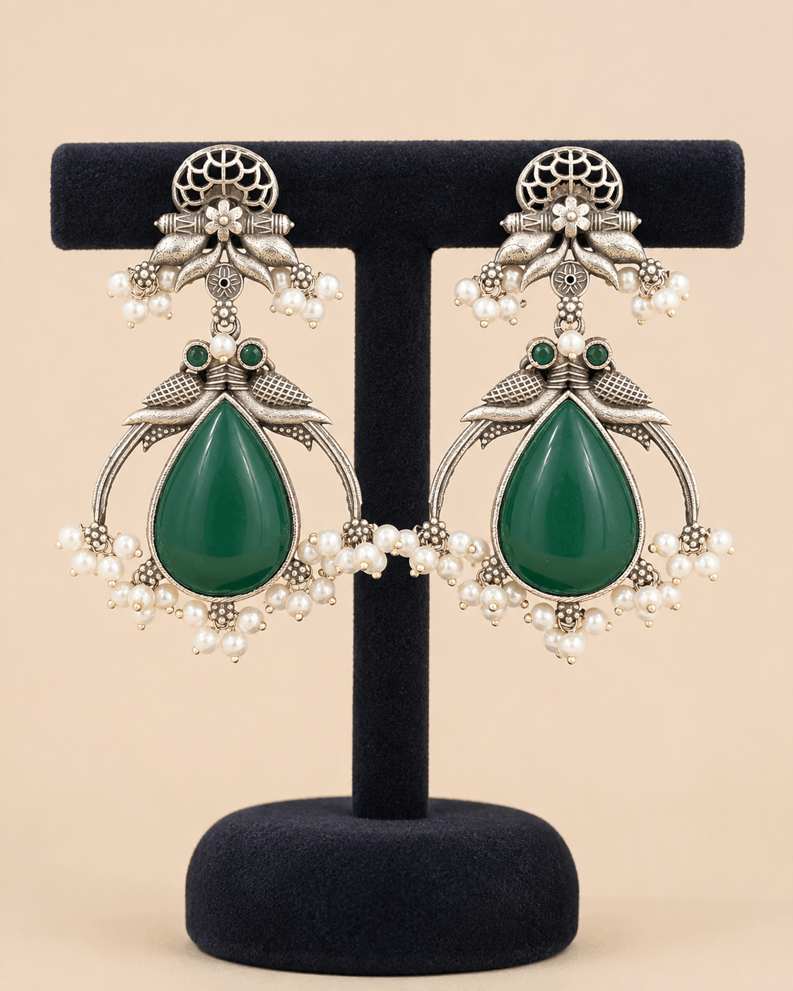 Traditional Teardrop oxidised Stone Pearl Earrings – Antique Silver Statement Earrings 0039M
