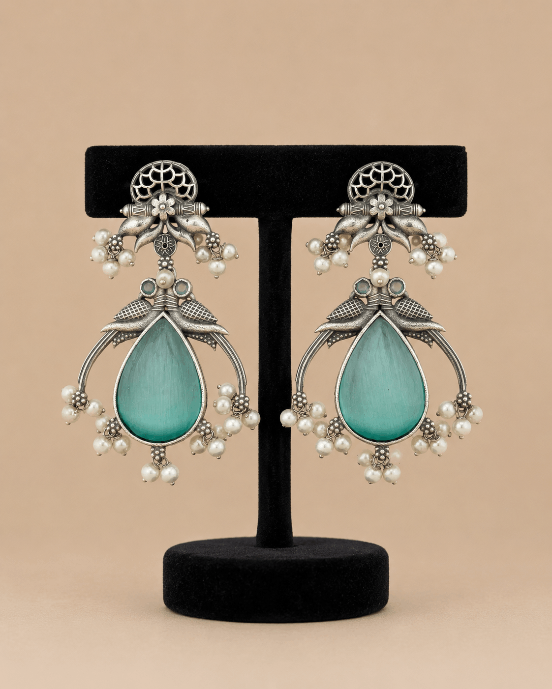 Traditional Teardrop oxidised Stone Pearl Earrings – Antique Silver Statement Earrings 0039M