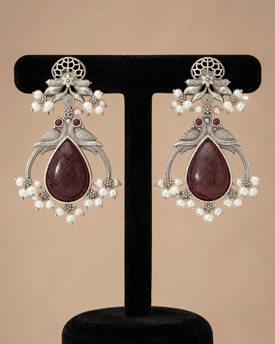 Traditional Teardrop oxidised Stone Pearl Earrings – Antique Silver Statement Earrings 0039M