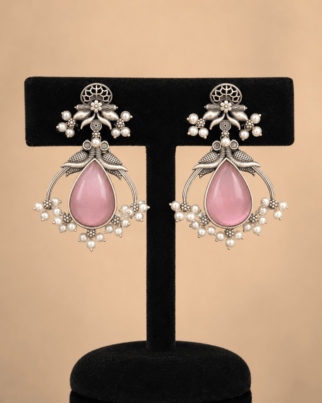 Traditional Teardrop oxidised Stone Pearl Earrings – Antique Silver Statement Earrings 0039M