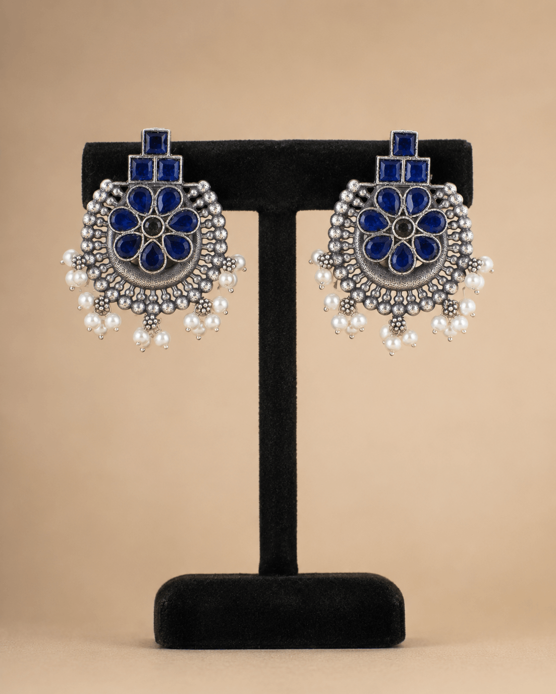 Traditional Floral Pearl Tops – Antique Silver Stone Statement Earrings 0040M