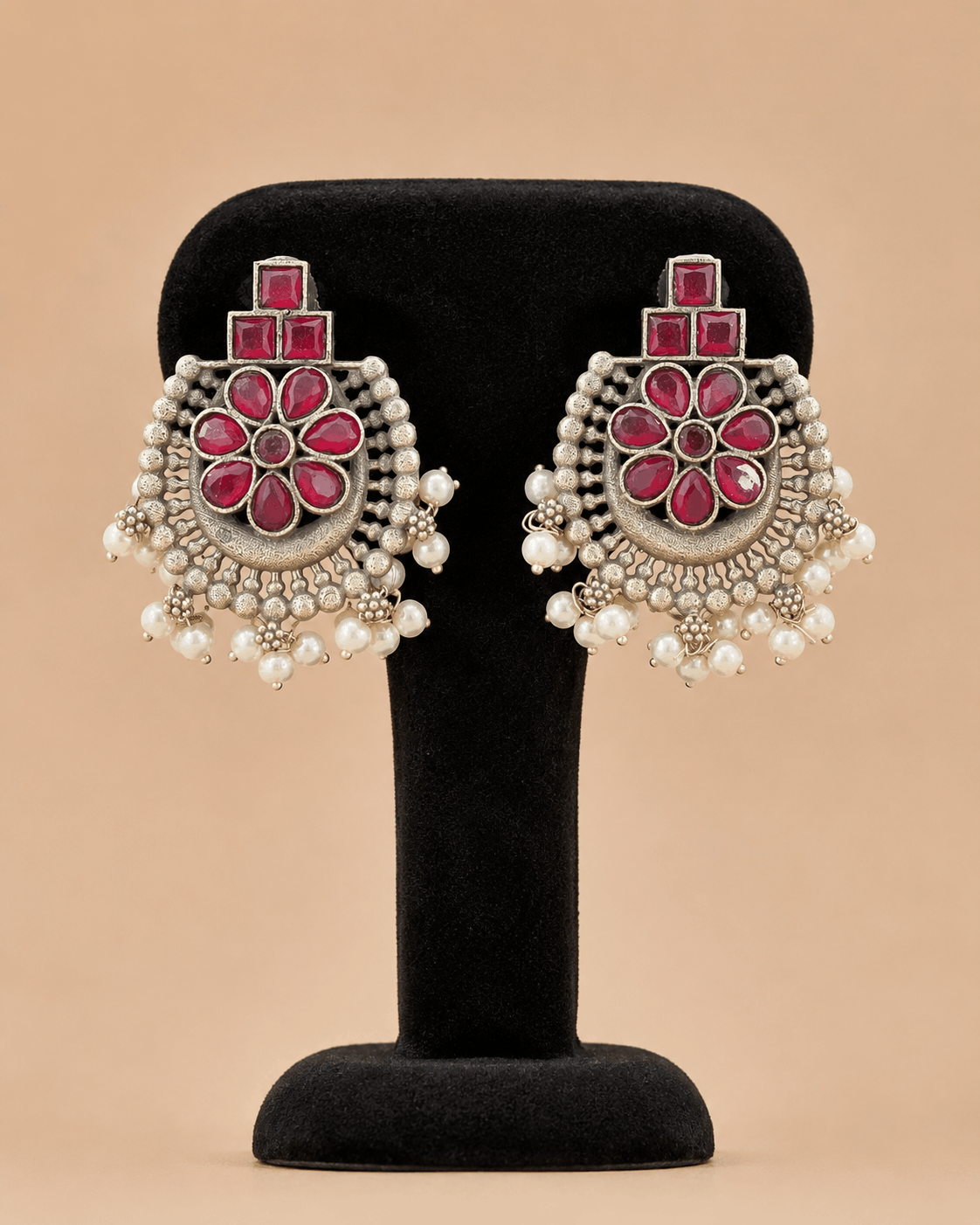 Traditional Floral Pearl Tops – Antique Silver Stone Statement Earrings 0040M