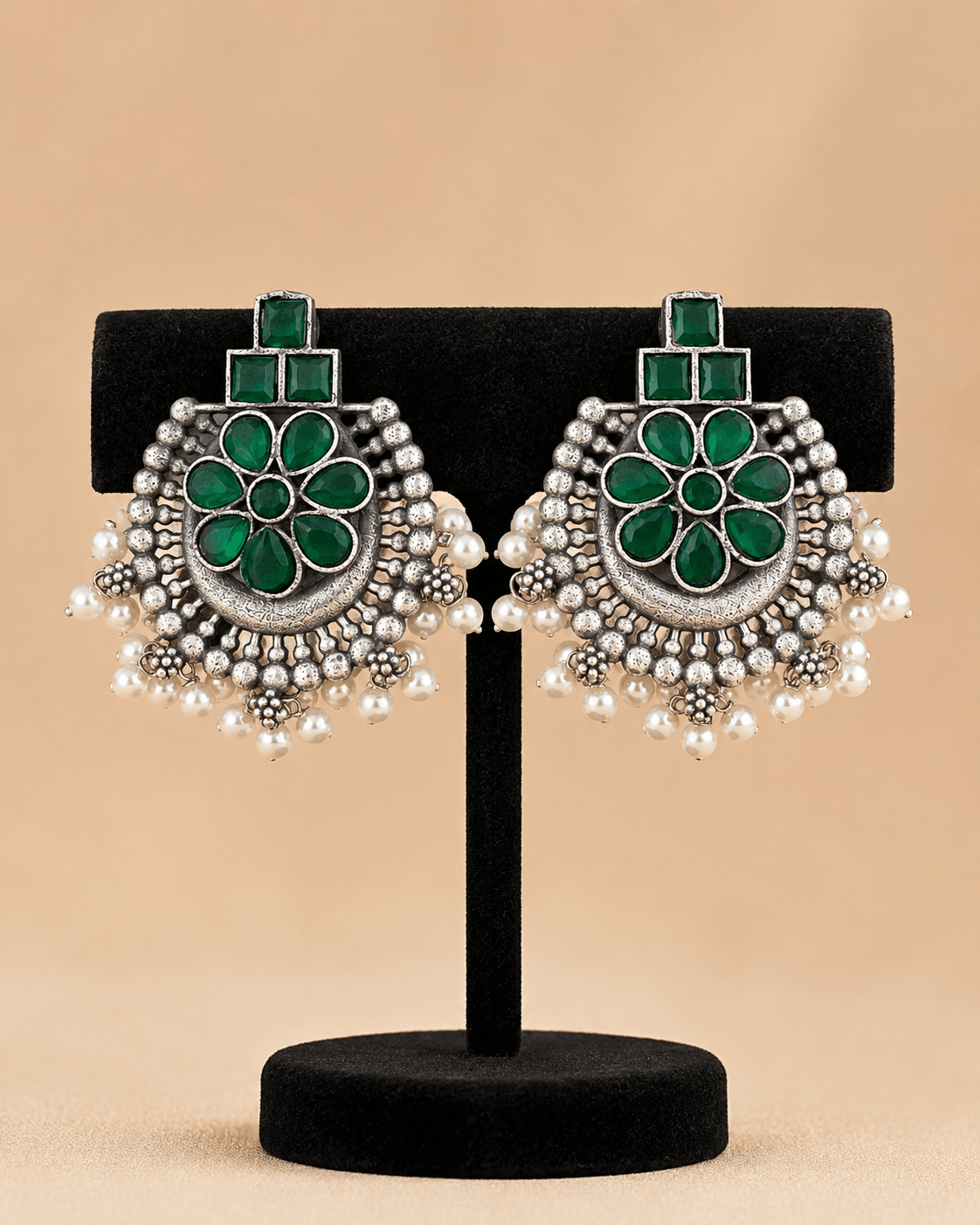 Traditional Floral Pearl Tops – Antique Silver Stone Statement Earrings 0040M