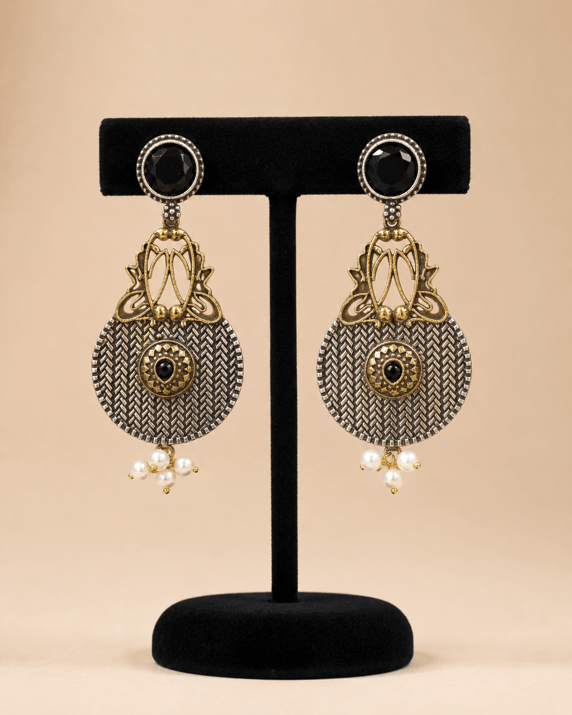 Traditional Dual-Tone Stone & Pearl Drop Earrings – Ethnic Statement Earrings 0037M