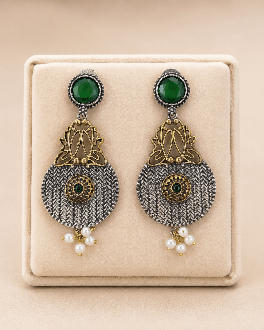 Traditional Dual-Tone Stone & Pearl Drop Earrings – Ethnic Statement Earrings 0037M