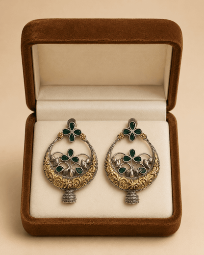 Two-Tone Emerald Green Floral Chandbali Earrings – SKU 0013M