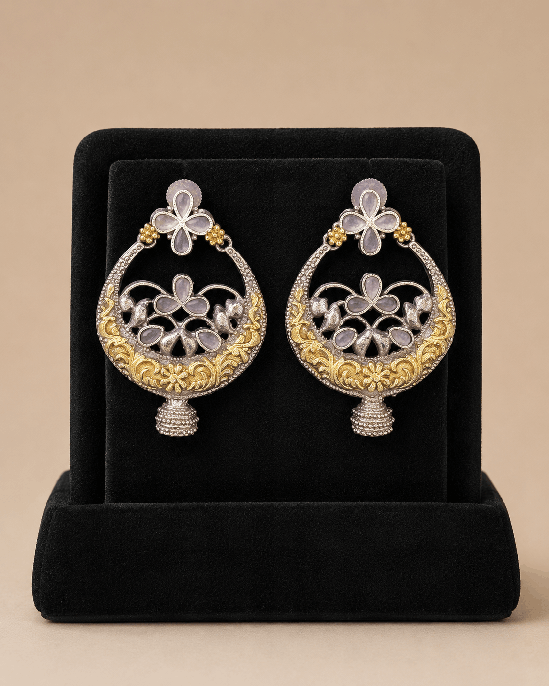 Two-Tone Floral Chandbali Oxidised Earrings with Mauve Stones – SKU 0012M