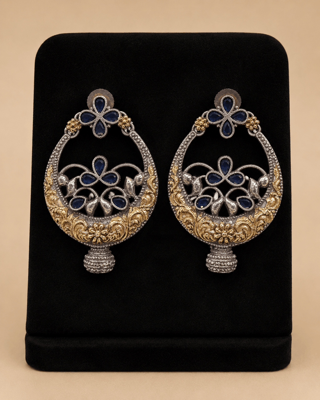 Two-Tone Navy Blue Floral Chandbali Earrings – SKU 0014M